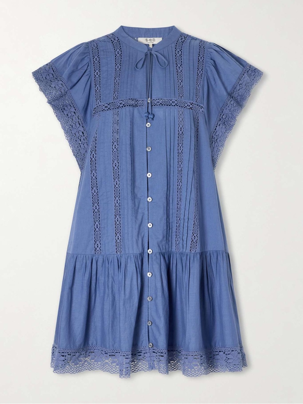 NEW: SEA Pippa tiered lace-trimmed cotton mini dress - US M